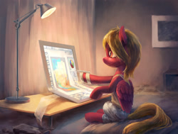 Size: 3000x2267 | Tagged: safe, artist:hunternif, imported from derpibooru, oc, oc only, pegasus, pony, clothes, commission, digital art, drawing, lamp, sitting, smiling, solo, table