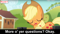 Size: 1600x914 | Tagged: safe, imported from derpibooru, applejack, earth pony, pony, comic:celestia's servant interview, caption, cs captions, female, interview, mare, sweet apple acres, tired