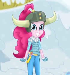 Size: 1750x1880 | Tagged: safe, artist:liniitadash23, imported from derpibooru, pinkie pie, equestria girls, not asking for trouble, belt, clothes, equestria girls interpretation, female, gloves, grin, helmet, honorary yak horns, horned helmet, jeans, looking at you, pants, scene interpretation, show accurate, smiling, solo, viking helmet