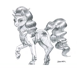 Size: 1300x1160 | Tagged: safe, artist:baron engel, imported from derpibooru, saffron masala, pony, unicorn, spice up your life, chef, female, grayscale, mare, monochrome, pencil drawing, raised hoof, signature, simple background, solo, traditional art, white background