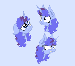 Size: 2001x1752 | Tagged: safe, artist:paskanaakka, derpibooru exclusive, imported from derpibooru, oc, oc only, oc:midnight dew, pony, unicorn, angry, blue background, ear fluff, expressions, female, floppy ears, mare, sad, shrunken pupils, simple background, smiling, solo