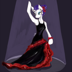 Size: 600x600 | Tagged: safe, artist:grimbloody, imported from derpibooru, rarity, anthro, pony, unicorn, alternate hairstyle, arm hooves, armpits, clothes, dancing, dress, female, flamenco, flower, flower in hair, solo, spotlight