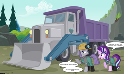 Size: 4200x2520 | Tagged: safe, artist:a4r91n, imported from derpibooru, maud pie, starlight glimmer, earth pony, pony, unicorn, absurd resolution, clothes, command and conquer, crossover, dialogue, duo, duo female, female, hard hat, hat, overalls, red alert, tree, truck, vector