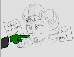 Size: 1050x808 | Tagged: safe, artist:anontheanon, artist:post-it, imported from derpibooru, saffron masala, oc, oc:anon, pony, unicorn, boop, dialogue, gray background, offscreen character, open mouth, partial color, simple background, sketch, who's a good pony