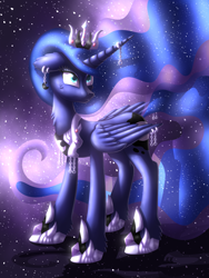 Size: 1800x2400 | Tagged: safe, artist:shad0w-galaxy, imported from derpibooru, princess luna, pony, ear piercing, earring, female, horn jewelry, jewelry, piercing, redraw, solo, space, wing piercing