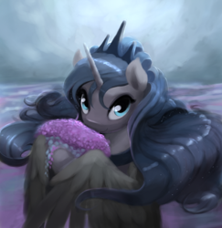 Size: 868x892 | Tagged: safe, artist:bakuel, imported from derpibooru, princess luna, alicorn, pony, crown, cute, female, flower, lavender, looking at you, lunabetes, mare, regalia, smiling, solo, that pony sure does love lavender