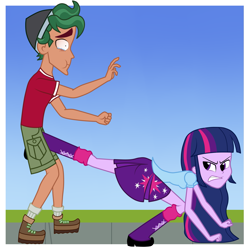 Size: 1771x1767 | Tagged: dead source, safe, artist:mashoart, imported from derpibooru, timber spruce, twilight sparkle, alicorn, equestria girls, boots, breasts, crack, crying, egg, groin attack, humans doing horse things, kick, ouch, shoes, small breasts, tears of pain, timberbuse, twilight sparkle (alicorn)
