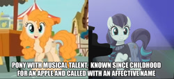 Size: 1207x552 | Tagged: safe, imported from derpibooru, coloratura, pear butter, pony, the mane attraction, the perfect pear, comparison, cute, grammar error, history repeats itself, implied rarajack, implied shipping, meme, oedipus complex, pearabetes, rara, rarabetes, smiling