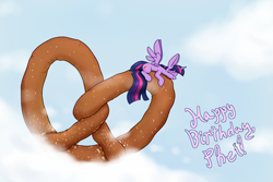 Size: 1500x1000 | Tagged: safe, artist:heir-of-rick, imported from derpibooru, twilight sparkle, alicorn, pony, female, food, happy birthday, micro, pretzel, solo, tiny ponies, twilight sparkle (alicorn), twipretzel