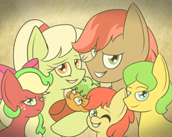 Size: 5000x4000 | Tagged: safe, artist:thecrystalring, imported from derpibooru, apple brown betty, applejack (g3), bright mac, granny smith, mosely orange, uncle orange, pony, the perfect pear, absurd resolution, apple family member, family photo, generation leap, grandpa apple, group photo, looking at you, photo, smiling, young granny smith, younger