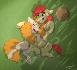 Size: 1676x1524 | Tagged: safe, artist:sukalaap, imported from derpibooru, bright mac, pear butter, pony, the perfect pear, brightbutter, female, grass, male, shade, shipping, signature, snuggling, straight, watermark