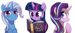 Size: 900x398 | Tagged: safe, artist:verawitch, deleted from derpibooru, imported from derpibooru, starlight glimmer, trixie, twilight sparkle, pony, unicorn, blushing, book, female, looking at you, mare, smiling, trio