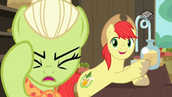 Size: 1024x578 | Tagged: safe, imported from derpibooru, screencap, bright mac, granny smith, earth pony, pony, the perfect pear, alcohol, apple, cider, duo, female, food, hard cider, male, mother and son