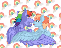Size: 2078x1648 | Tagged: safe, artist:didicom, imported from derpibooru, bow hothoof, windy whistles, pony, abstract background, female, grin, hug, husband and wife, lidded eyes, looking at each other, male, rainbow dash's parents, smiling, tongue out, windyhoof, winghug