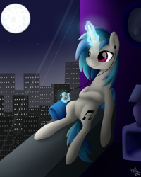 Size: 1200x1500 | Tagged: safe, artist:keisaa, imported from derpibooru, dj pon-3, vinyl scratch, pony, building, city, earbuds, female, full moon, levitation, listening, magic, mare, moon, mp3 player, music, night, solo, stars, telekinesis