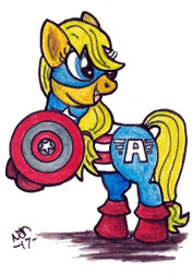 Size: 246x348 | Tagged: safe, artist:altworld, imported from derpibooru, applejack, earth pony, pony, captain america, female, mare, marvel comics, rearing, shield, traditional art