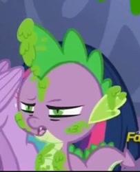 Size: 271x334 | Tagged: safe, imported from derpibooru, screencap, spike, dragon, a flurry of emotions, cropped, disgusted, male, messy, offscreen character, reaction image, solo