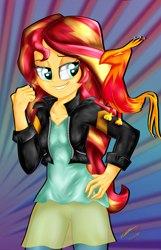 Size: 2900x4500 | Tagged: safe, artist:katakiuchi4u, imported from derpibooru, sunset shimmer, phoenix, equestria girls, absurd resolution, clothes, female, jacket, leather jacket, pants, signature, solo