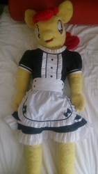 Size: 3920x2204 | Tagged: safe, artist:liggliluff, artist:pixie panda plush, artist:redness, imported from derpibooru, apple bloom, anthro, anthro plushie, bed, clothes, female, irl, maid, photo, plushie, solo