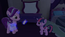 Size: 1920x1080 | Tagged: safe, artist:northern haste, imported from derpibooru, starlight glimmer, twilight sparkle, pony, 3d, age regression, baby bottle, bottle, diaper, female, filly, filly twilight sparkle, levitation, magic, source filmmaker, telekinesis, younger