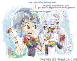 Size: 811x650 | Tagged: safe, artist:manic-the-lad, imported from derpibooru, indigo zap, sugarcoat, equestria girls, a dash of everything, cup, duo, ear piercing, earring, female, flag, gay pride, gay pride flag, glasses, goggles, jewelry, lovewins, open mouth, piercing, pride, pride flag, pride month, rainbows, sketch, smiling