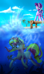 Size: 3000x5000 | Tagged: safe, artist:quefortia, imported from derpibooru, starlight glimmer, sunset shimmer, pony, unicorn, absurd resolution, beach, irony, not fiery shimmer, sky, smiling, swimming, underwater