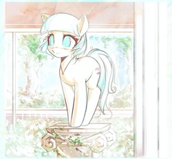 Size: 950x880 | Tagged: safe, artist:mirroredsea, imported from derpibooru, coco pommel, earth pony, pony, cocobetes, colored pupils, cute, female, jewelry, mare, missing accessory, necklace, no pupils, smiling, solo, standing, tree