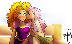 Size: 1280x791 | Tagged: dead source, safe, artist:shellielle, imported from derpibooru, adagio dazzle, fluttershy, equestria girls, bench, blushing, cheek kiss, commission, cute, female, flutterdagio, kiss on the cheek, kissing, lesbian, shipping, shyagio, sitting