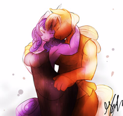 Size: 4352x4075 | Tagged: dead source, safe, artist:shellielle, imported from derpibooru, applejack, rarity, anthro, earth pony, unicorn, absurd resolution, alternate universe, armpits, breasts, cleavage, clothes, cute, dress, eyes closed, female, hug, hug from behind, lesbian, mare, rarijack, shipping, signature, simple background, tanktop