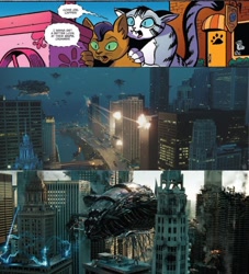 Size: 1494x1643 | Tagged: safe, idw, imported from derpibooru, capper dapperpaws, chummer, abyssinian, anthro, pony, my little pony: the movie, spoiler:comic, spoiler:comic mlp movie prequel, anthro with ponies, chicago, city, clash of hasbro's titans, comic, decepticon, invasion, male, my little pony: the movie prequel, spaceship, speech bubble, transformers, transformers dark of the moon, war