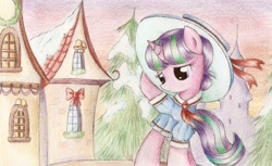 Size: 2025x1242 | Tagged: safe, artist:nika191319, imported from derpibooru, snowfall frost, starlight glimmer, pony, unicorn, building, clothes, female, pine tree, sad, snow, solo, traditional art, tree