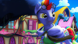 Size: 3840x2160 | Tagged: safe, artist:dj-chopin, imported from derpibooru, bow hothoof, pegasus, pony, parental glideance, 3d, clothes, male, ponyville, serious, serious face, solo, source filmmaker, stallion