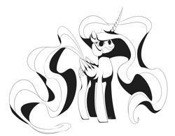 Size: 3314x2582 | Tagged: safe, artist:ogaraorcynder, imported from derpibooru, princess celestia, alicorn, pony, curved horn, female, mare, missing accessory, monochrome, simple background, smiling, solo, white background