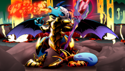 Size: 2560x1440 | Tagged: safe, artist:dormin-dim, artist:dormin-kanna, imported from derpibooru, princess ember, dragon, gauntlet of fire, armor, bloodstone scepter, dragon lord ember, dragoness, fangs, female, fire, solo, spread wings, wings
