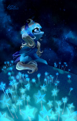 Size: 1516x2362 | Tagged: safe, artist:holivi, imported from derpibooru, oc, oc only, pegasus, pony, commission, cute, female, floral head wreath, flower, hill, looking up, mare, night, night sky, sky, solo, stargazing, starry night, stars