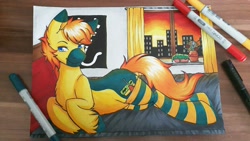 Size: 1280x720 | Tagged: safe, artist:nana-yuka, imported from derpibooru, oc, oc only, oc:yaktan, pony, bed, bedroom eyes, clothes, male, socks, solo, striped socks, sunset, traditional art
