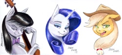 Size: 1300x592 | Tagged: safe, artist:baron engel, imported from derpibooru, applejack, octavia melody, rarity, earth pony, pony, unicorn, cello, colored pencil drawing, female, mare, musical instrument, simple background, traditional art, trio, white background