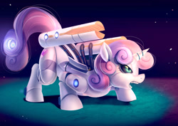 Size: 1400x990 | Tagged: safe, artist:bakki, imported from derpibooru, sweetie belle, pony, robot, robot pony, unicorn, commission, cutie mark, energy weapon, female, filly, foal, gun, hooves, horn, open mouth, solo, sweetie bot, teeth, the cmc's cutie marks, weapon