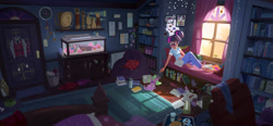 Size: 2367x1100 | Tagged: safe, artist:ajvl, imported from derpibooru, sci-twi, spike, spike the regular dog, twilight sparkle, dog, equestria girls, barefoot, bedroom, book, clock, clothes, computer, crystal prep academy uniform, detailed background, door, drink, feet, female, fish tank, food, glasses, hair bun, human coloration, laptop computer, mug, pajamas, paper, plushie, room, scenery, scenery porn, school uniform, sci-twi's room, trash can, trophy, tumblr nose, water bottle, window