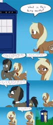 Size: 2400x5600 | Tagged: safe, artist:jake heritagu, imported from derpibooru, doctor whooves, time turner, oc, oc only, oc:lightning blitz, oc:sandy hooves, earth pony, pegasus, pony, ask discorded whooves, ask pregnant scootaloo, absurd resolution, baby, baby pony, colt, comic, dialogue, discord whooves, doctor who, female, holding a pony, male, mare, offspring, parent:rain catcher, parent:scootaloo, parents:catcherloo, speech bubble, tardis, the doctor