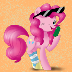 Size: 2000x2000 | Tagged: safe, artist:songbirdserenade, imported from derpibooru, pinkie pie, earth pony, pony, abstract background, clothes, cute, female, food, happy, hoof hold, looking at you, mare, one eye closed, popsicle, raised hoof, simple background, socks, solo, striped socks, sunglasses, wink