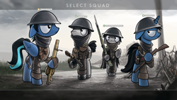 Size: 1920x1080 | Tagged: safe, artist:dori-to, imported from derpibooru, oc, oc only, oc:veloce star, earth pony, pegasus, pony, unicorn, battlefield 1, bayonet, brodie helmet, clothes, crossover, gun, helmet, hoof hold, lewis gun, male, military uniform, raised hoof, rifle, soldier, stallion, uniform, unshorn fetlocks, wallpaper, weapon, world war i