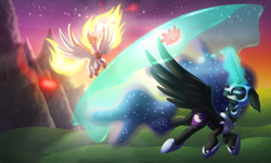 Size: 3000x1800 | Tagged: safe, artist:shad0w-galaxy, imported from derpibooru, daybreaker, nightmare moon, pony, a royal problem, floppy ears, flying, force field, glowing horn, gritted teeth, magic, mountain, twilight (astronomy)