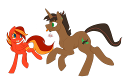 Size: 2716x1692 | Tagged: safe, artist:xenovie, deleted from derpibooru, imported from derpibooru, oc, oc only, oc:amaro fernet, oc:sweet malta, pegasus, pony, unicorn, commission, completed commission, simple background, transparent background