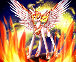 Size: 5560x4540 | Tagged: safe, artist:lumip0ny, imported from derpibooru, daybreaker, pony, a royal problem, absurd resolution, big ears, chest fluff, female, fire, huge ears, mane of fire, smiling, solo, spread wings, wings