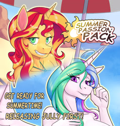 Size: 2613x2739 | Tagged: safe, artist:nauth, imported from derpibooru, princess celestia, sunset shimmer, alicorn, anthro, unicorn, advertisement, beach, grammar error, hoers, summer, wings