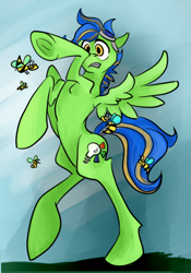 Size: 329x469 | Tagged: safe, artist:chromaflow, imported from derpibooru, oc, oc only, oc:chroma flow, bee, pegasus, pony, bad anatomy, male, rearing, solo, stallion