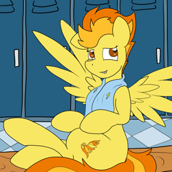 Size: 4104x4104 | Tagged: safe, artist:undercoverpone, imported from derpibooru, spitfire, pegasus, pony, absurd resolution, female, locker room, mare, sitting, solo, towel, wonderbolts