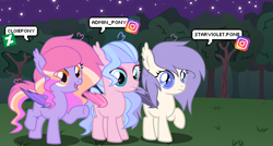 Size: 2347x1257 | Tagged: safe, artist:cloiepony, imported from derpibooru, oc, oc only, oc:glitzy glam, oc:starviolet, oc:sunshine twinkle, bat pony, pony, female, filly