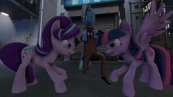 Size: 1024x576 | Tagged: safe, artist:shysatrix, imported from derpibooru, starlight glimmer, trixie, twilight sparkle, alicorn, pony, unicorn, 3d, crossover, female, lesbian, love triangle, mare, shipping, spy, startrix, team fortress 2, twilight sparkle (alicorn), twixie